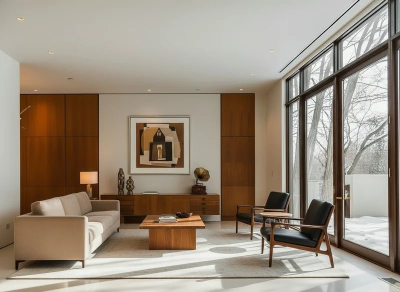 Furnish the room with a long beige sofa on the left facing a rectangular walnut coffee table (1.6m × 0.8m) centered on a l...