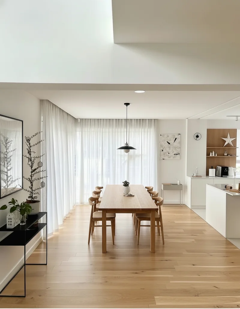 Furnish the dining area with a long natural oak dining table (3m × 1m) centered on the wooden floor, surrounded by eight m...