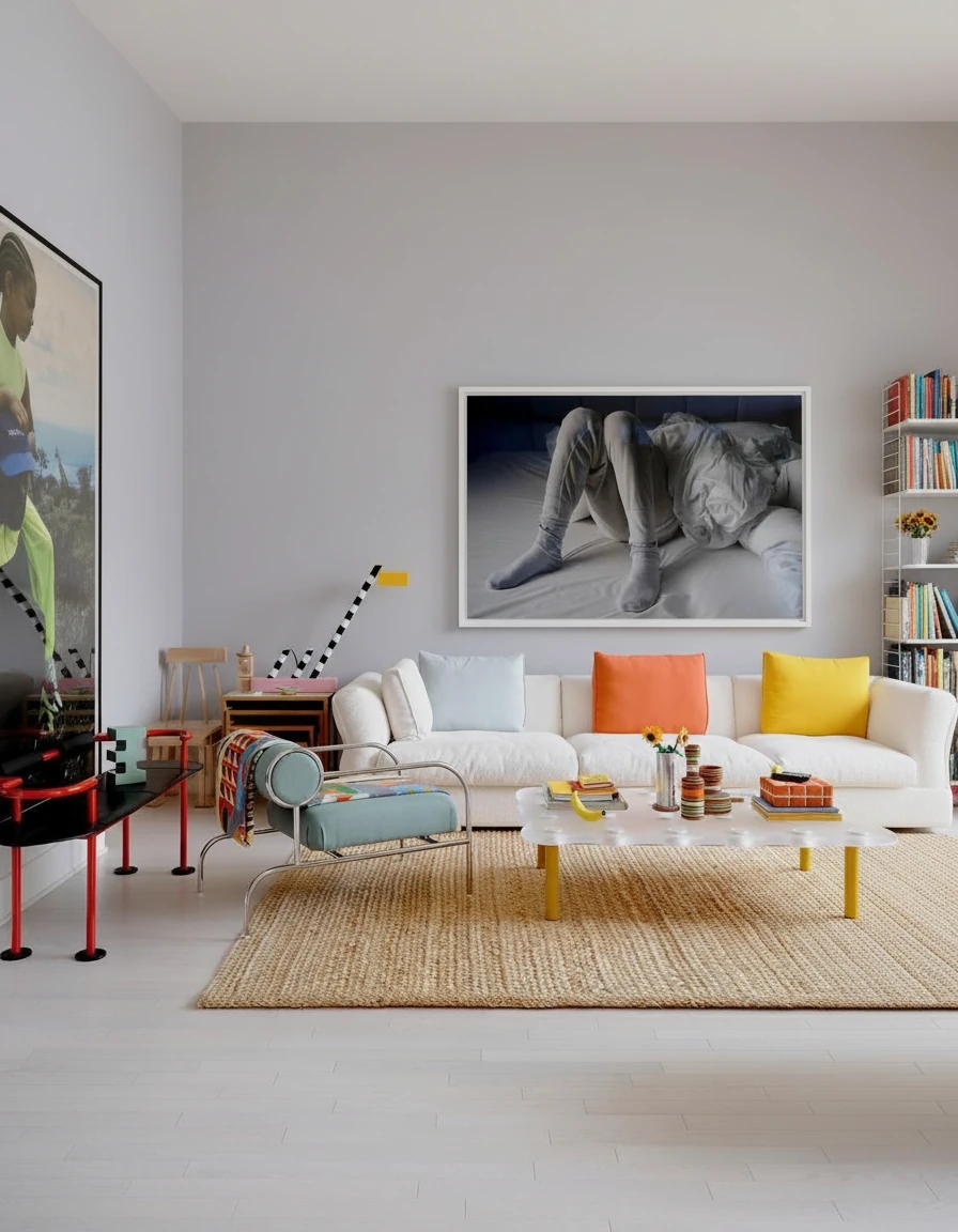 Fill image 1's empty space with furnitures and decoration items extracted from reference image 2(chairs/sofa/shelves etc)