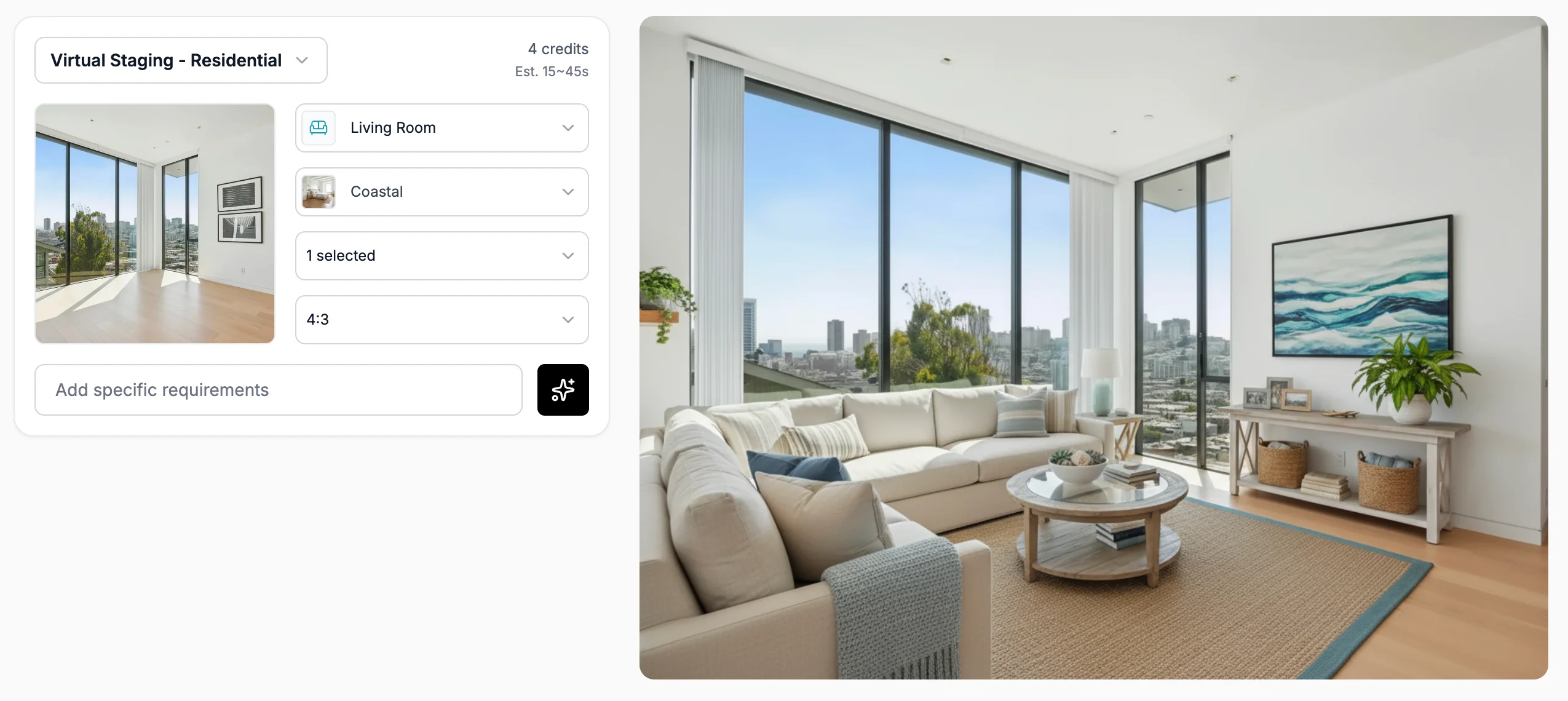 Stager GO's template-based AI virtual staging workspace